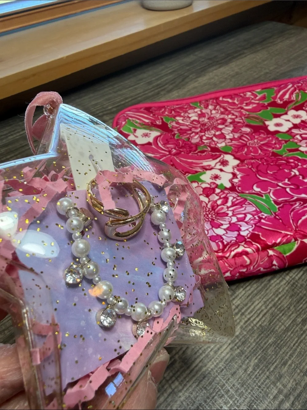 Lily Pulitzer Hot Pink Floral Tablet Sleeve with Faux Pearl Necklace & Ring